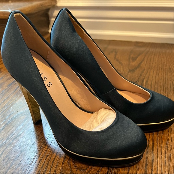 Reiss Blue Satin Pumps with Gold Deco Heel - Picture 2 of 6